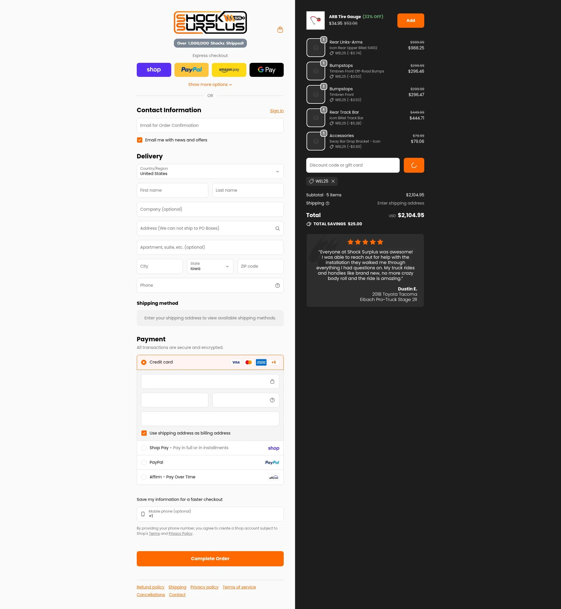 Shock Surplus checkout page showing Shock Surplus discount code box | Screenshot taken by SimplyCodes community member on Feb 10, 2026