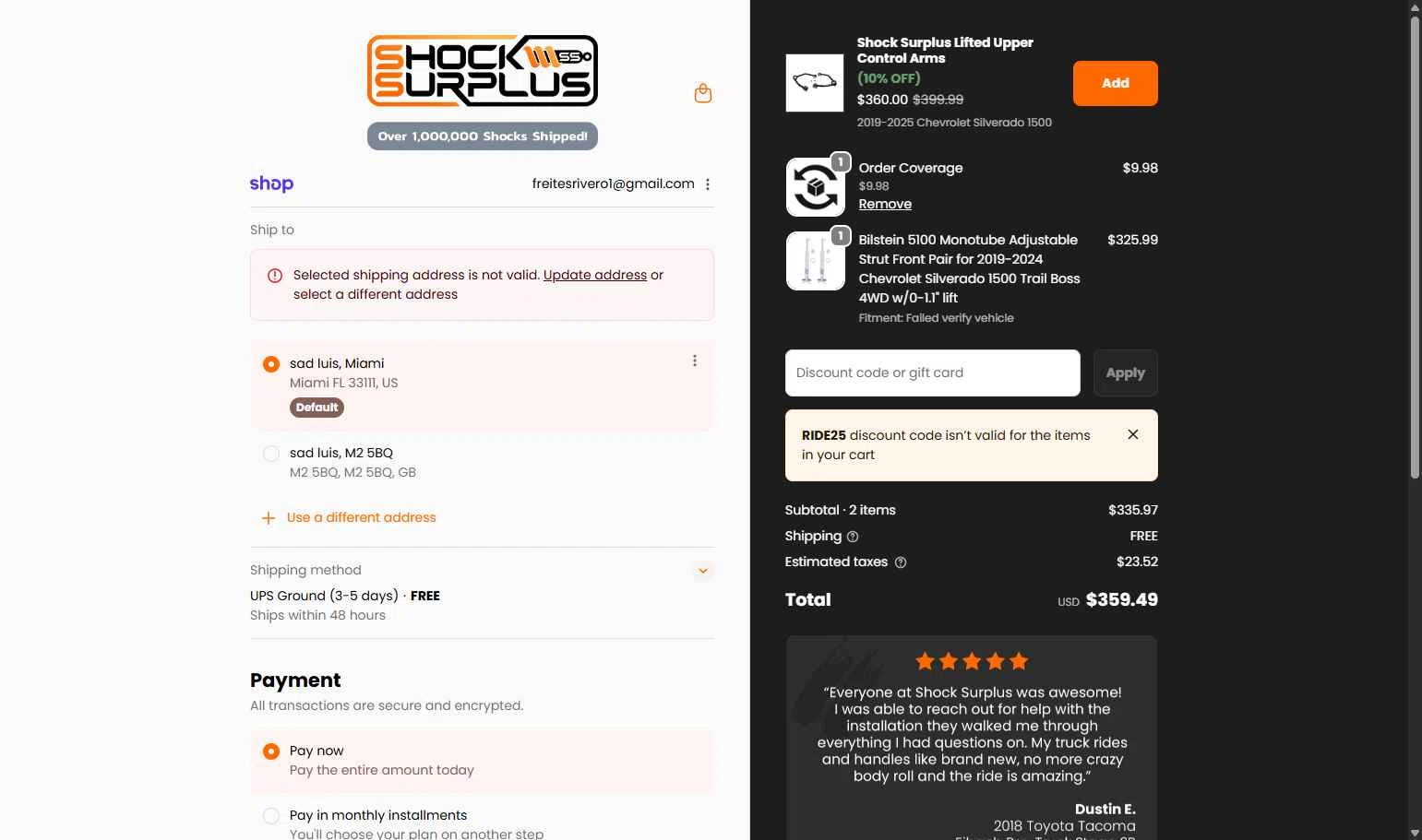 Shock Surplus checkout page showing Shock Surplus discount code box | Screenshot taken by SimplyCodes community member on Feb 11, 2026