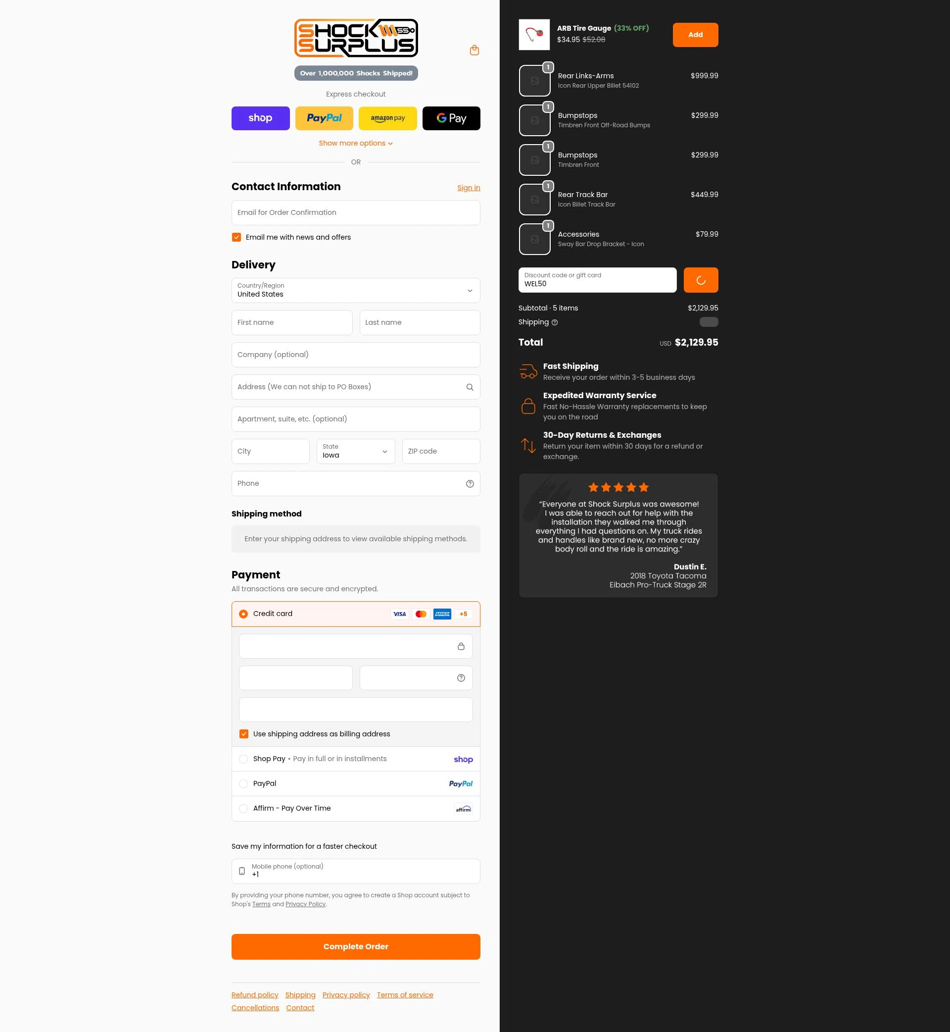Shock Surplus checkout page showing Shock Surplus discount code box | Screenshot taken by SimplyCodes community member on Feb 10, 2026