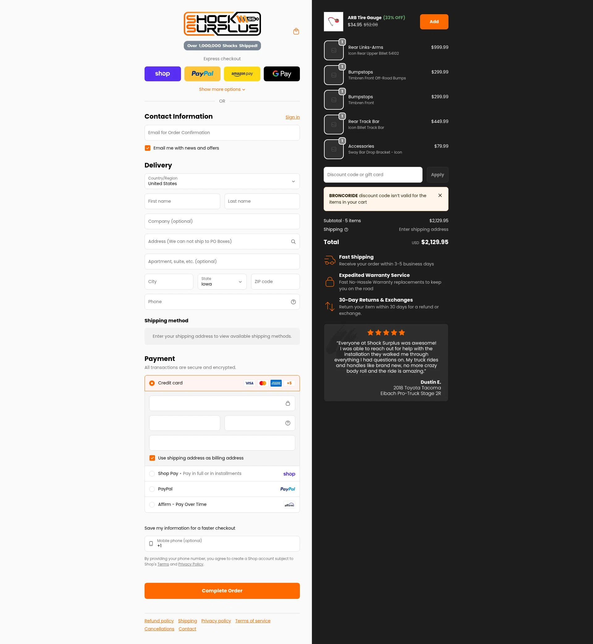 Shock Surplus checkout page showing Shock Surplus discount code box | Screenshot taken by SimplyCodes community member on Feb 10, 2026