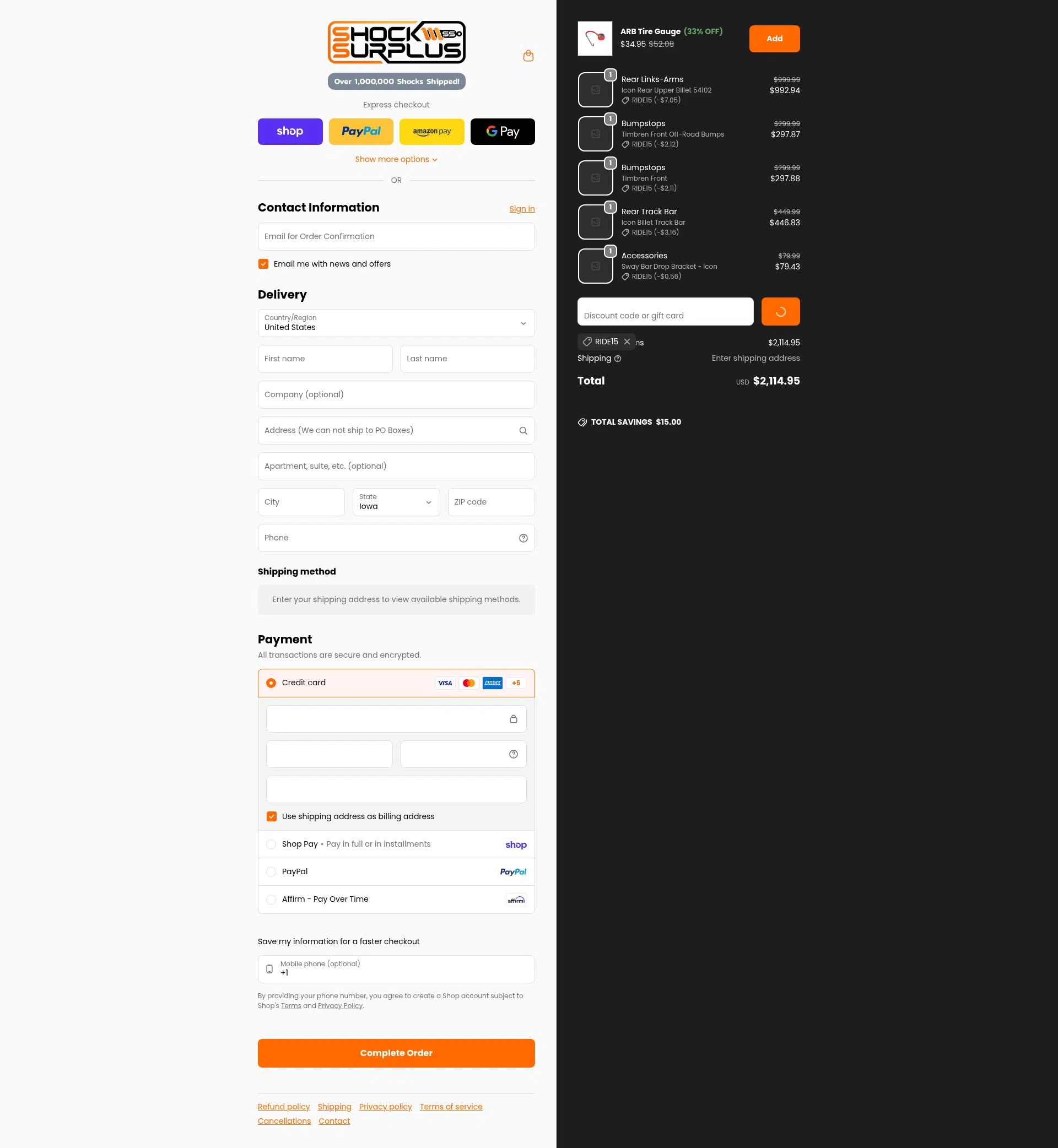 Shock Surplus checkout page showing Shock Surplus discount code box | Screenshot taken by SimplyCodes community member on Feb 10, 2026
