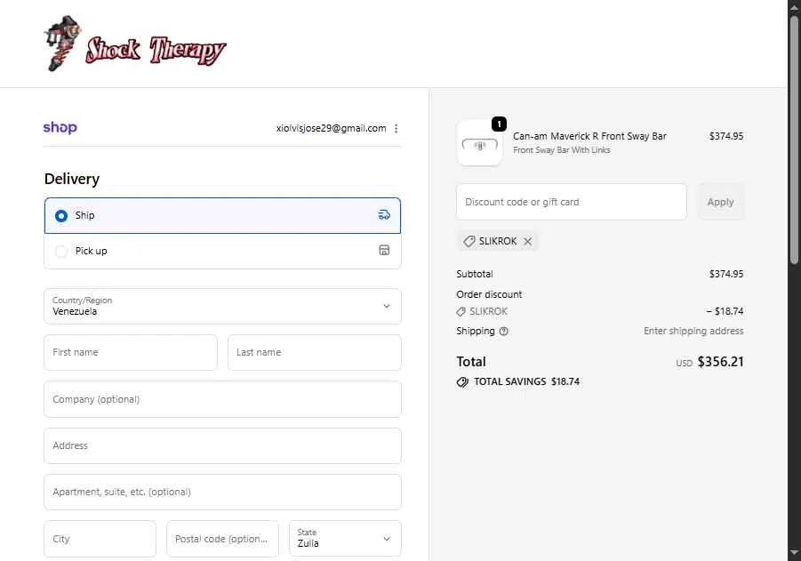 Shock Therapy checkout page showing Shock Therapy discount code box | Screenshot taken by SimplyCodes community member on Jan 27, 2026