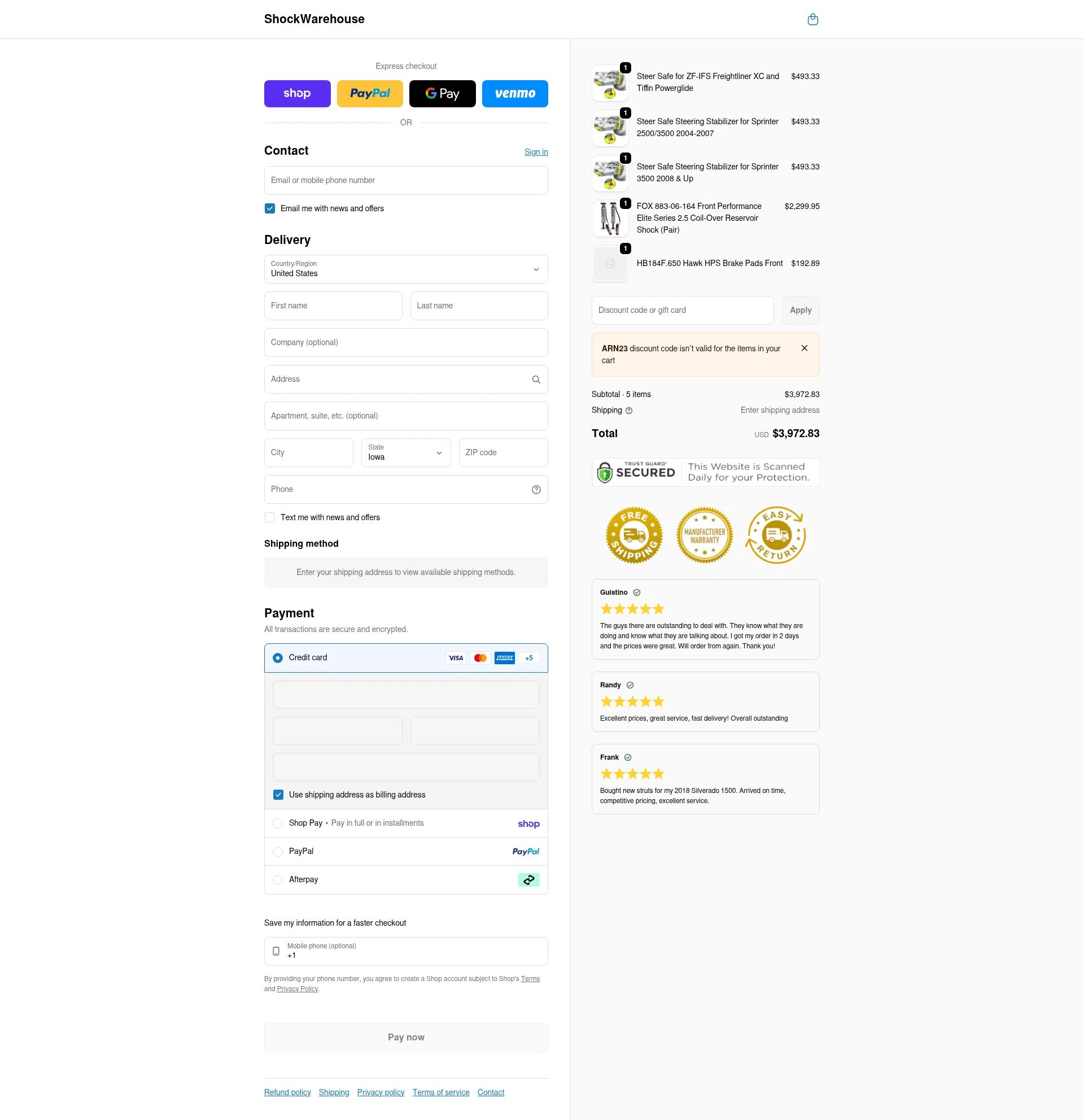 Shock Warehouse checkout page showing Shock Warehouse discount code box | Screenshot taken by SimplyCodes community member on Feb 11, 2026