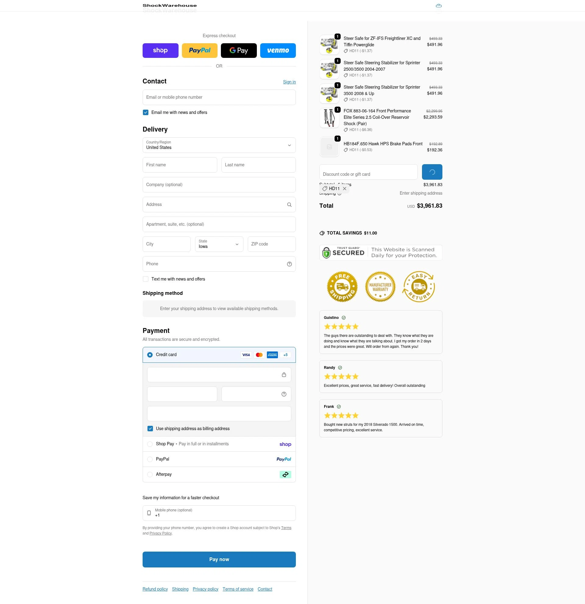 Shock Warehouse checkout page showing Shock Warehouse discount code box | Screenshot taken by SimplyCodes community member on Feb 11, 2026