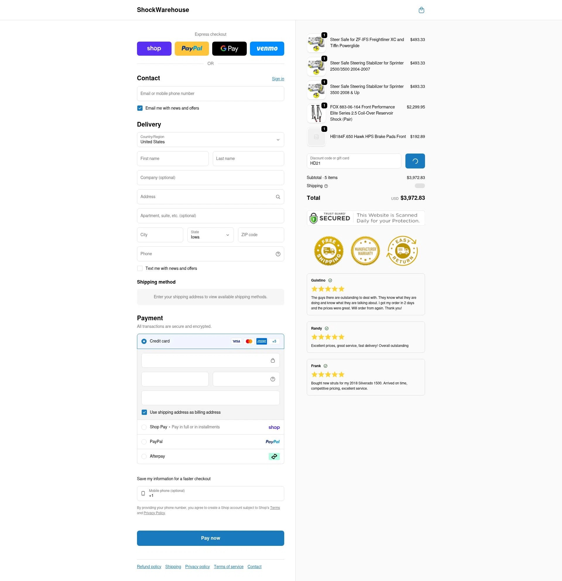 Shock Warehouse checkout page showing Shock Warehouse discount code box | Screenshot taken by SimplyCodes community member on Feb 11, 2026