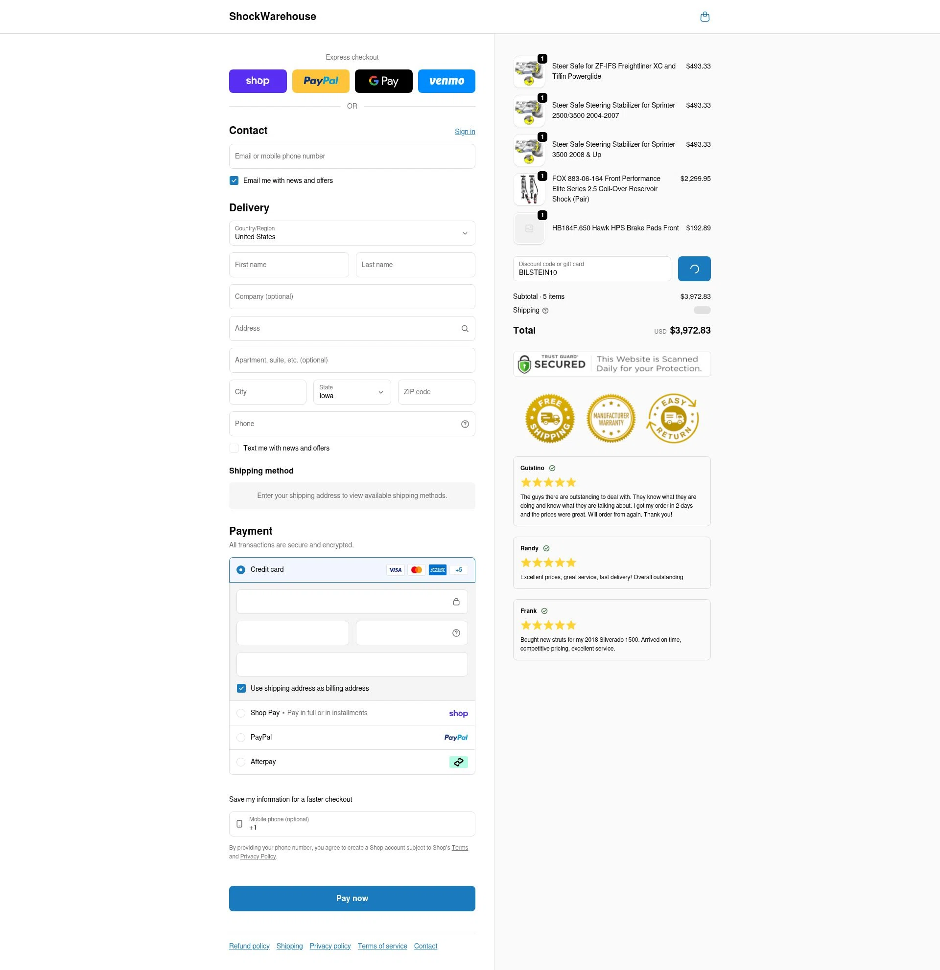 Shock Warehouse checkout page showing Shock Warehouse discount code box | Screenshot taken by SimplyCodes community member on Feb 11, 2026