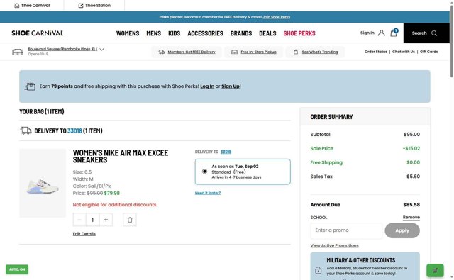 Shoe Carnival checkout page showing Shoe Carnival promo code box | Screenshot taken by SimplyCodes community member on Aug 29, 2025
