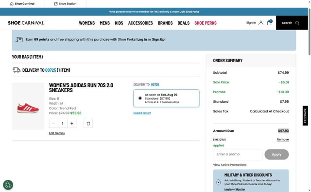 Shoe Carnival checkout page showing Shoe Carnival promo code box | Screenshot taken by SimplyCodes community member on Aug 27, 2025