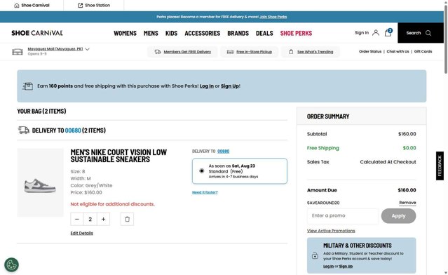 Shoe Carnival checkout page showing Shoe Carnival promo code box | Screenshot taken by SimplyCodes community member on Aug 21, 2025