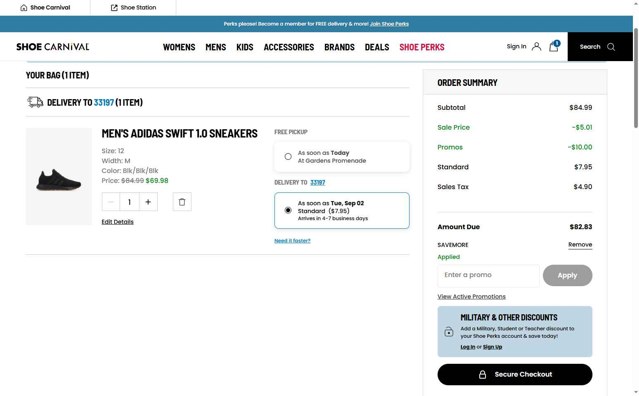 Shoe Carnival checkout page showing Shoe Carnival promo code box | Screenshot taken by SimplyCodes community member on Aug 29, 2025