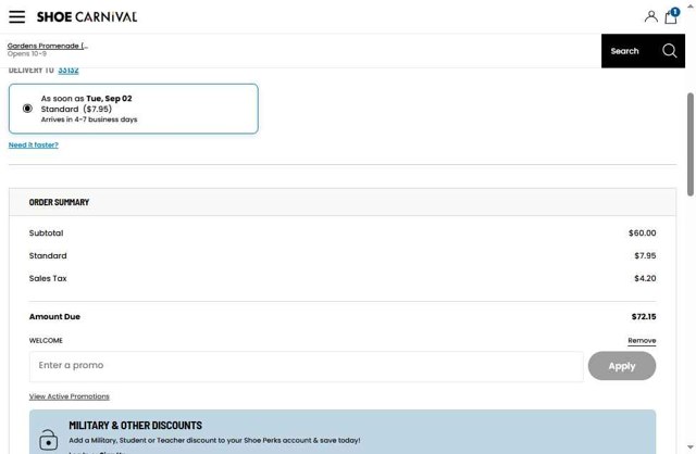 Shoe Carnival checkout page showing Shoe Carnival promo code box | Screenshot taken by SimplyCodes community member on Aug 29, 2025