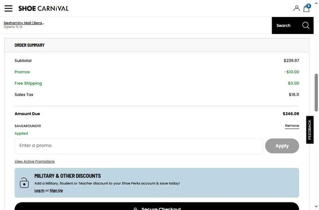 Shoe Carnival checkout page showing Shoe Carnival promo code box | Screenshot taken by SimplyCodes community member on Aug 23, 2025