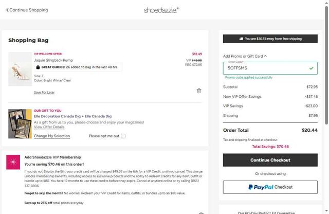 Shoedazzle checkout page showing Shoedazzle promo code box | Screenshot taken by SimplyCodes community member on Jul 11, 2025