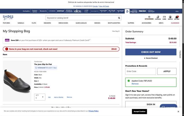Shoes for All checkout page showing Shoes for All coupon code box | Screenshot taken by SimplyCodes community member on Jun 28, 2025