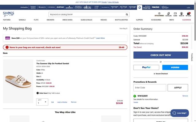 Shoes for All checkout page showing Shoes for All coupon code box | Screenshot taken by SimplyCodes community member on Jul 2, 2025