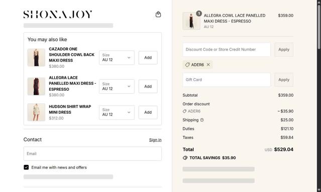 Shona Joy checkout page showing Shona Joy discount code box | Screenshot taken by SimplyCodes community member on Sep 14, 2025