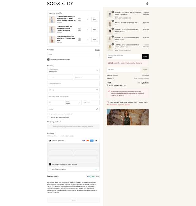 Shona Joy checkout page showing Shona Joy discount code box | Screenshot taken by SimplyCodes community member on Sep 15, 2025