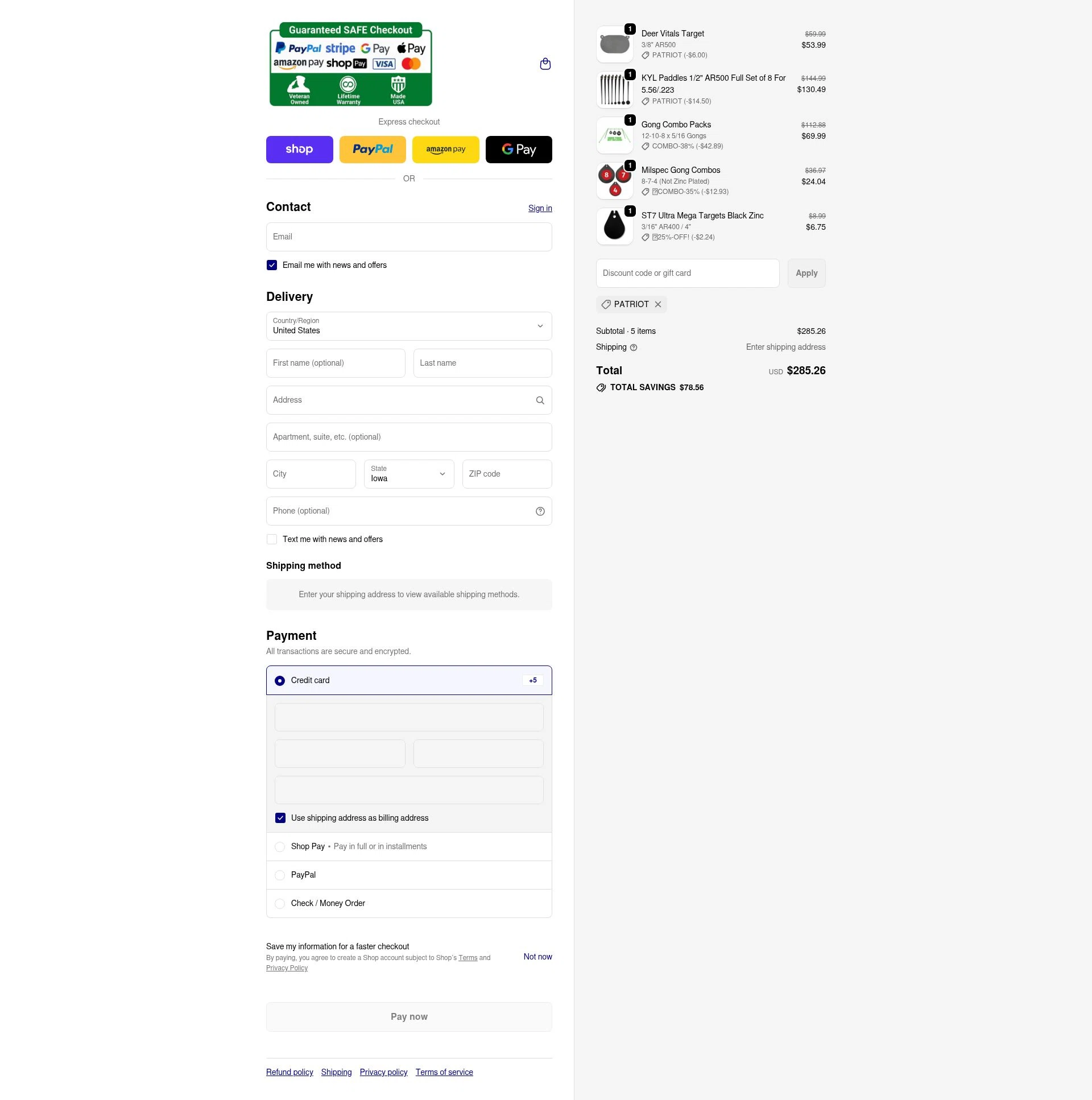 ShootingTargets7.com checkout page showing ShootingTargets7.com discount code box | Screenshot taken by SimplyCodes community member on Feb 16, 2026