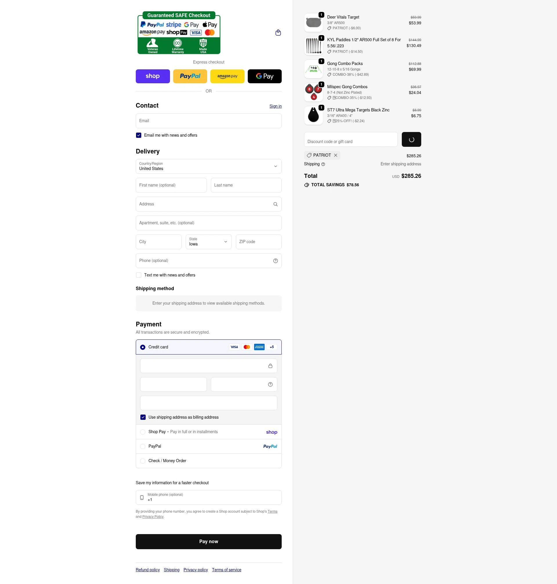 ShootingTargets7.com checkout page showing ShootingTargets7.com discount code box | Screenshot taken by SimplyCodes community member on Feb 20, 2026