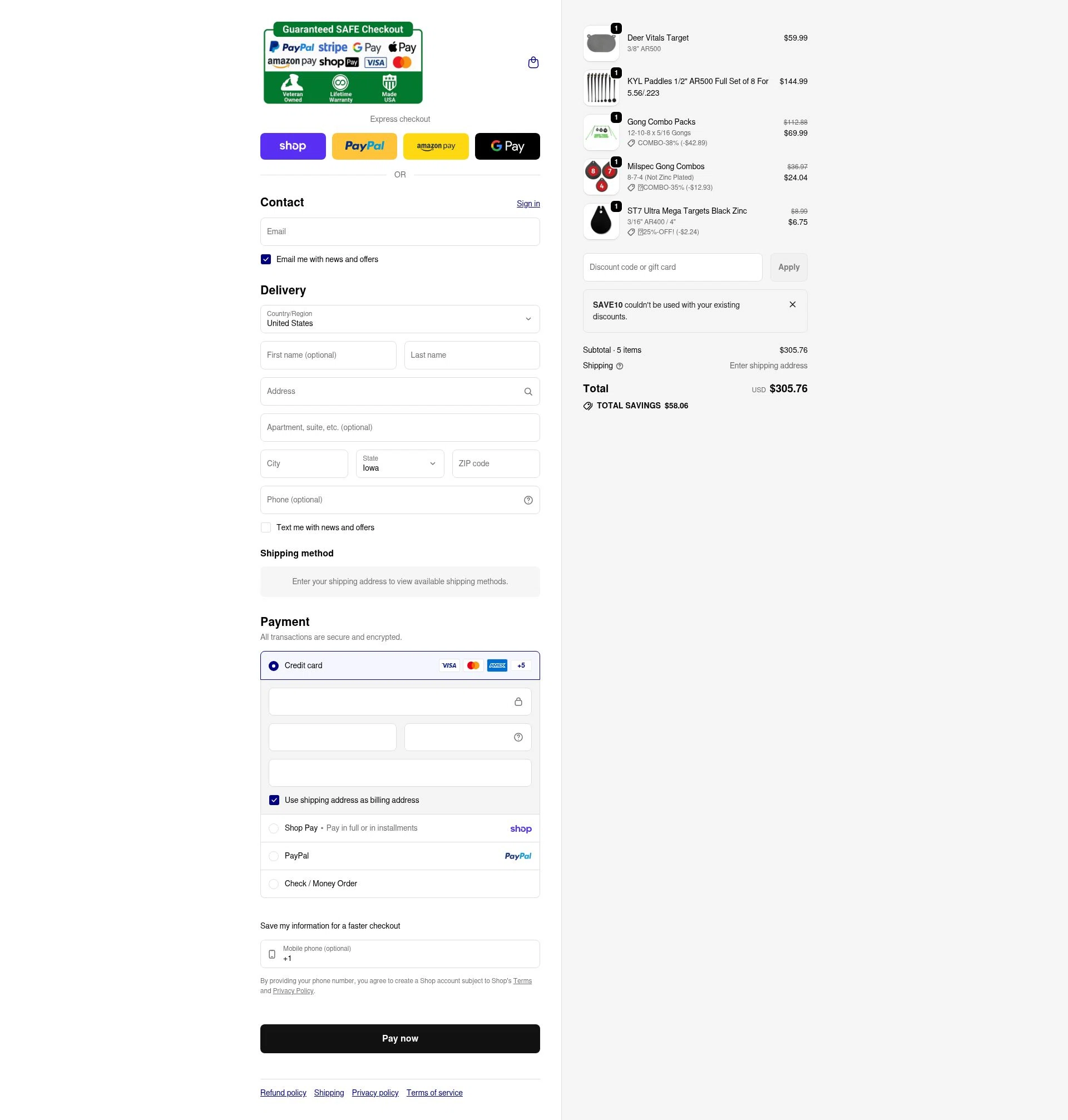ShootingTargets7.com checkout page showing ShootingTargets7.com discount code box | Screenshot taken by SimplyCodes community member on Feb 20, 2026