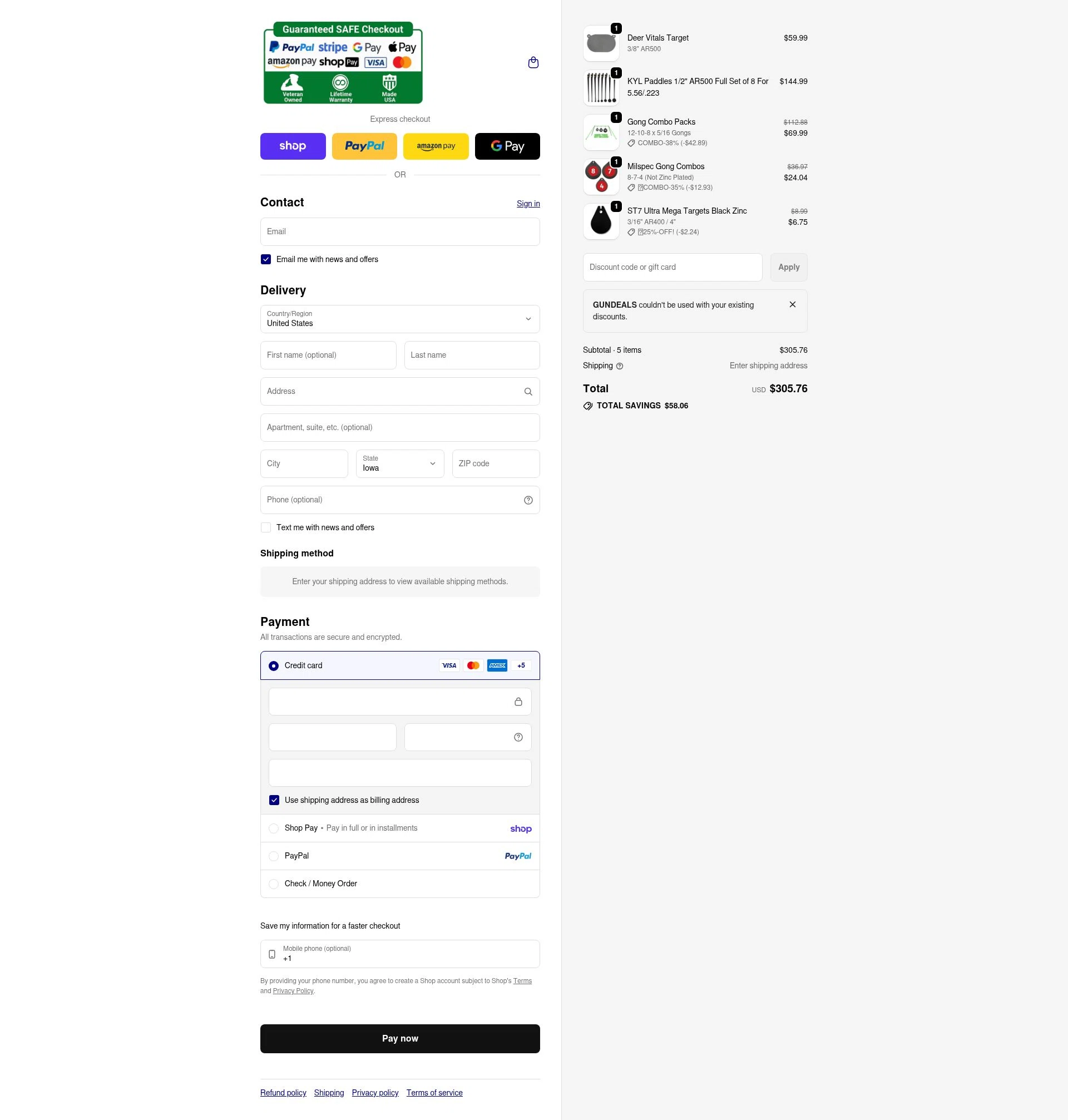 ShootingTargets7.com checkout page showing ShootingTargets7.com discount code box | Screenshot taken by SimplyCodes community member on Feb 20, 2026