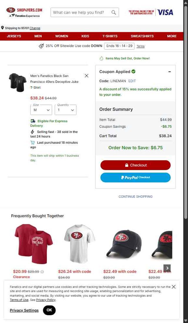Shop49ers.com checkout page showing Shop49ers.com promo code box | Screenshot taken by SimplyCodes community member on Sep 8, 2025