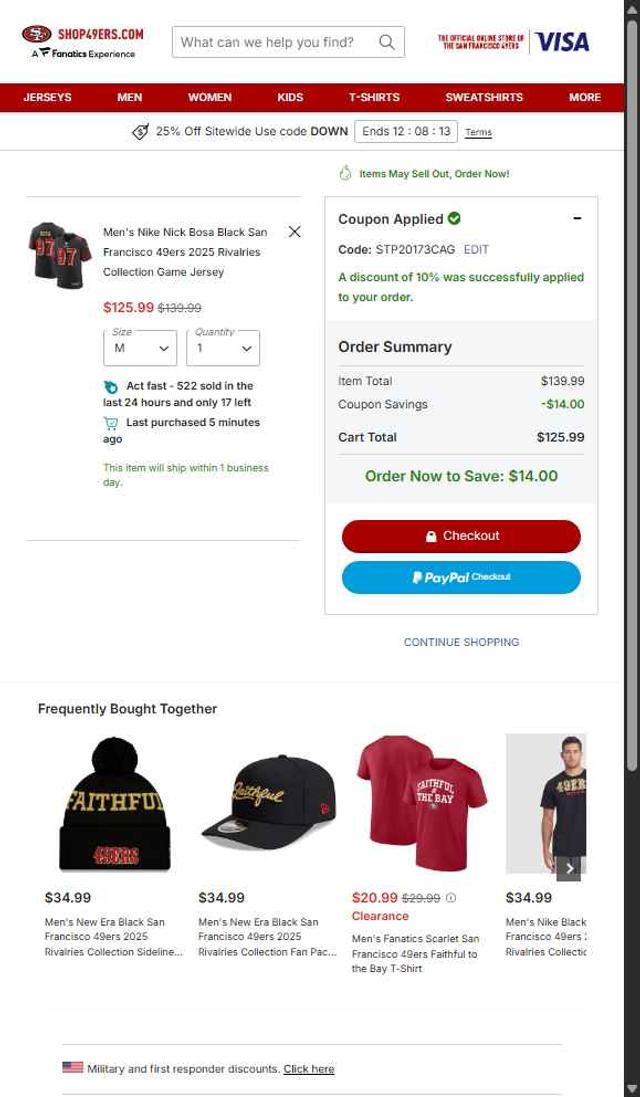 Shop49ers.com checkout page showing Shop49ers.com promo code box | Screenshot taken by SimplyCodes community member on Sep 15, 2025