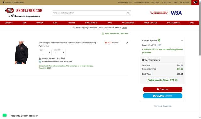 Shop49ers.com checkout page showing Shop49ers.com promo code box | Screenshot taken by SimplyCodes community member on Aug 25, 2025