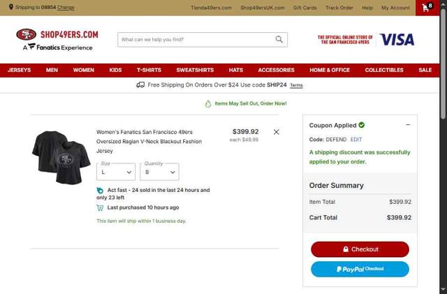 Shop49ers.com checkout page showing Shop49ers.com promo code box | Screenshot taken by SimplyCodes community member on Aug 25, 2025