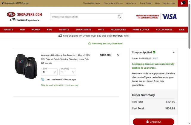 Shop49ers.com checkout page showing Shop49ers.com promo code box | Screenshot taken by SimplyCodes community member on Sep 7, 2025