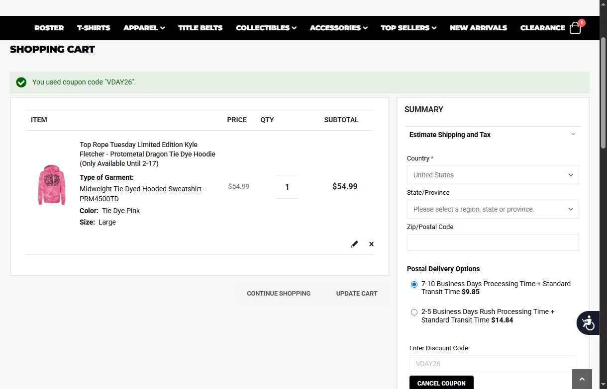 Shop AEW checkout page showing Shop AEW discount code box | Screenshot taken by SimplyCodes community member on Feb 14, 2026