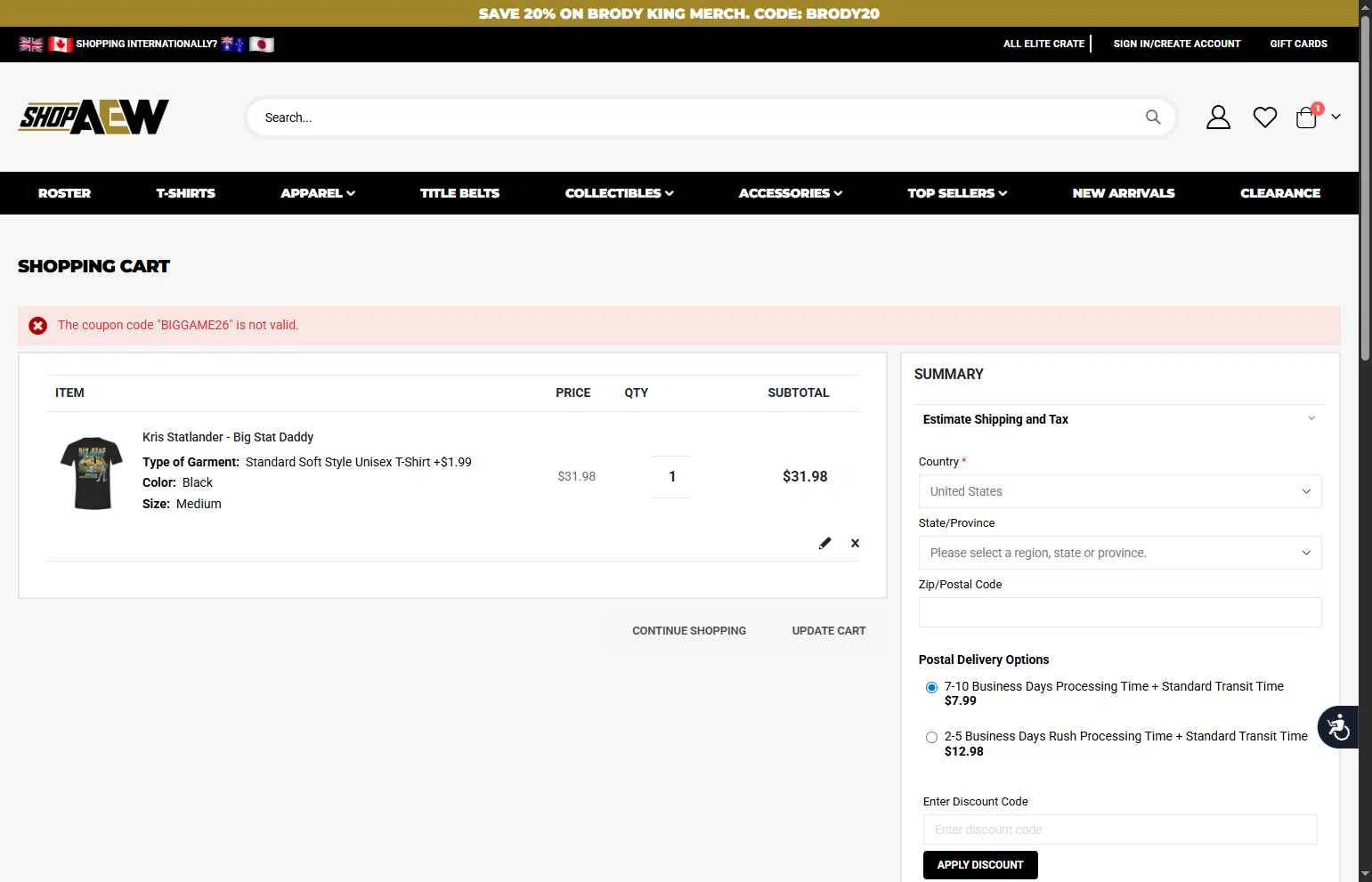 Shop AEW checkout page showing Shop AEW discount code box | Screenshot taken by SimplyCodes community member on Feb 13, 2026