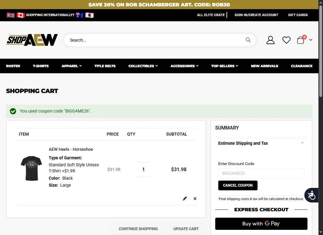 Shop AEW checkout page showing Shop AEW discount code box | Screenshot taken by SimplyCodes community member on Feb 6, 2026