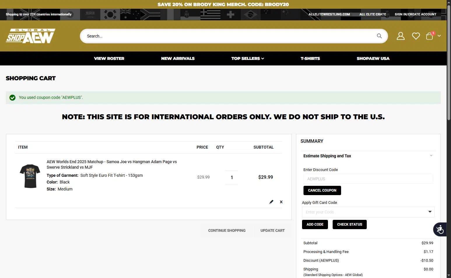 Shop AEW checkout page showing Shop AEW discount code box | Screenshot taken by SimplyCodes community member on Feb 12, 2026
