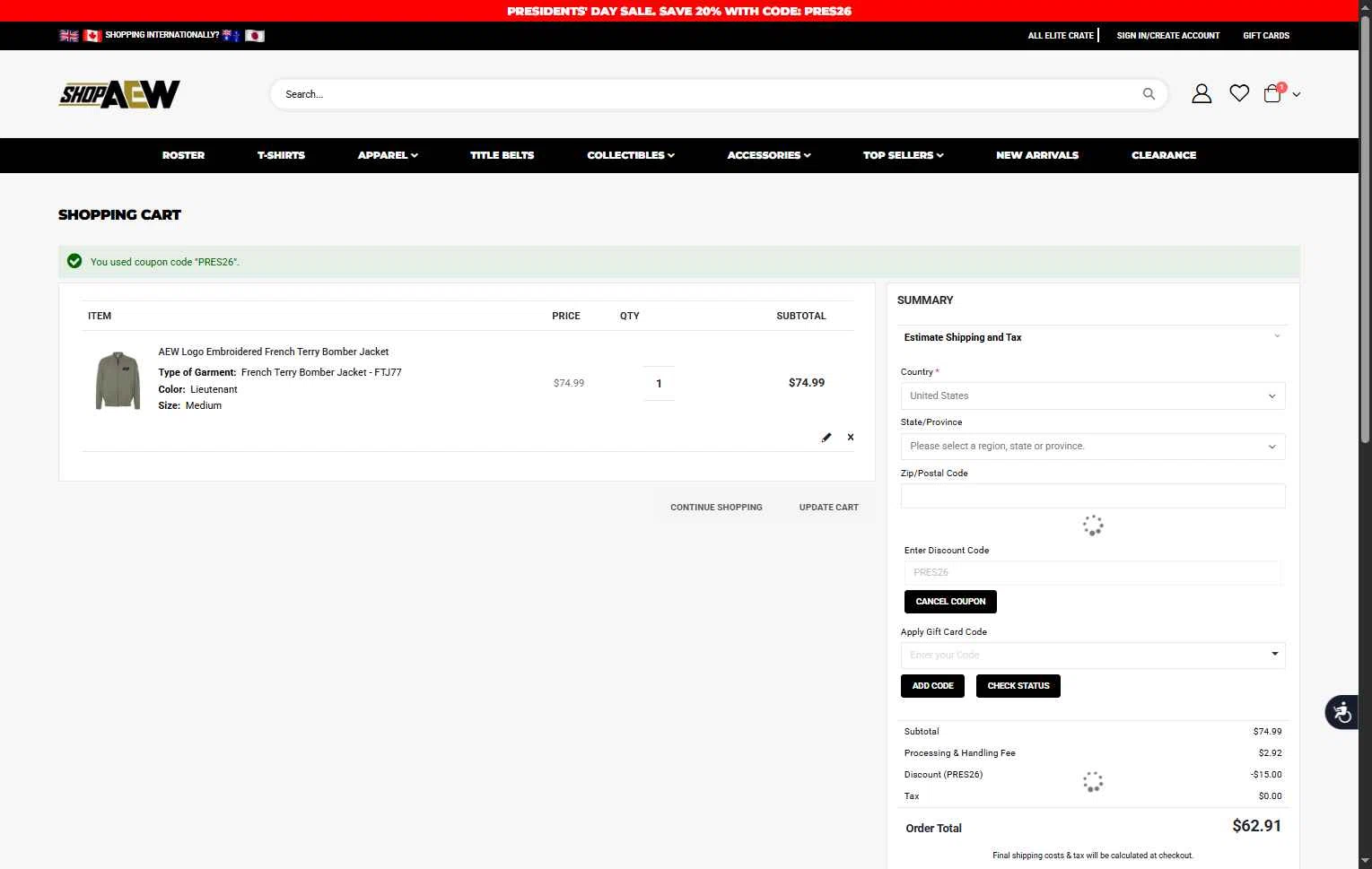 Shop AEW checkout page showing Shop AEW discount code box | Screenshot taken by SimplyCodes community member on Feb 17, 2026
