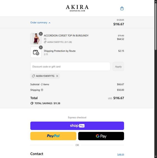 Akira checkout page showing Akira promo code box | Screenshot taken by SimplyCodes community member on Aug 22, 2025