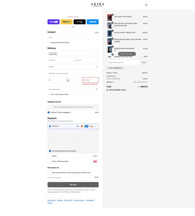 Akira checkout page showing Akira promo code box | Screenshot taken by SimplyCodes community member on Aug 22, 2025