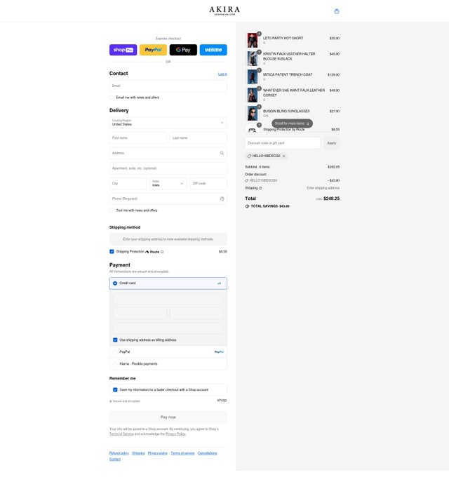 Akira checkout page showing Akira promo code box | Screenshot taken by SimplyCodes community member on Aug 26, 2025