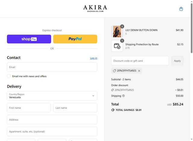 Akira checkout page showing Akira promo code box | Screenshot taken by SimplyCodes community member on Aug 28, 2025