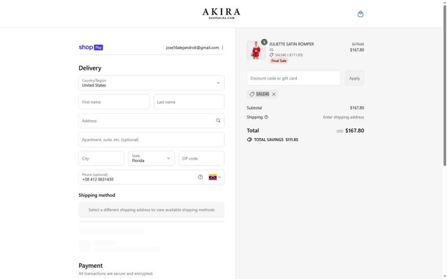 Akira checkout page showing Akira promo code box | Screenshot taken by SimplyCodes community member on Aug 22, 2025