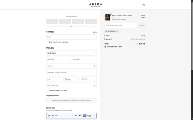 Akira checkout page showing Akira promo code box | Screenshot taken by SimplyCodes community member on Aug 26, 2025
