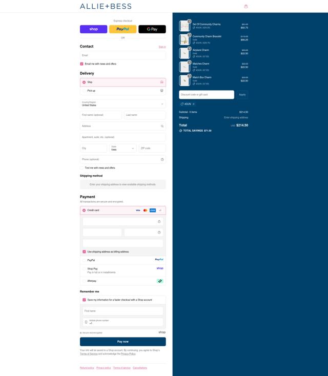 Allie + Bess checkout page showing Allie + Bess promo code box | Screenshot taken by SimplyCodes community member on Sep 20, 2025