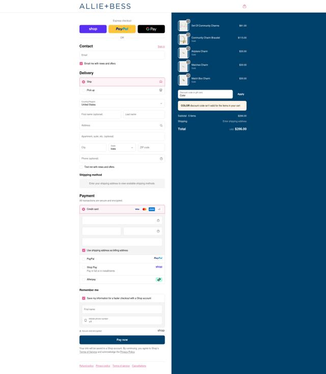 Allie + Bess checkout page showing Allie + Bess promo code box | Screenshot taken by SimplyCodes community member on Sep 20, 2025