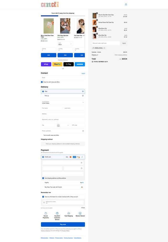Shop Andi checkout page showing Shop Andi discount code box | Screenshot taken by SimplyCodes community member on Sep 4, 2025