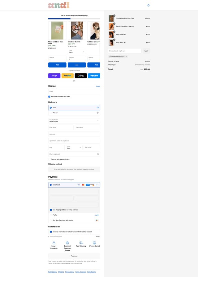 Shop Andi checkout page showing Shop Andi discount code box | Screenshot taken by SimplyCodes community member on Sep 4, 2025