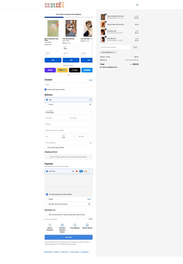 Shop Andi checkout page showing Shop Andi discount code box | Screenshot taken by SimplyCodes community member on Sep 4, 2025