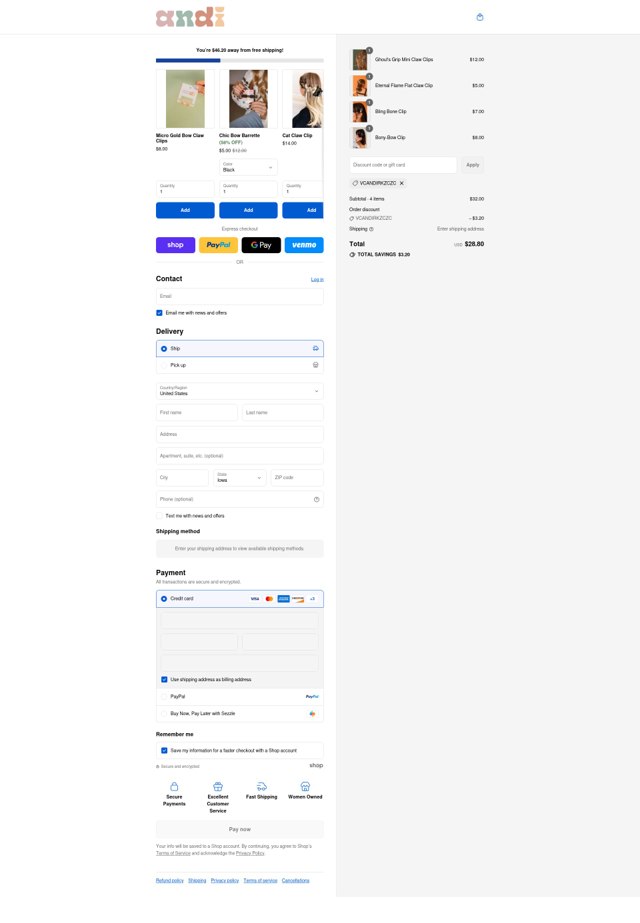 Shop Andi checkout page showing Shop Andi discount code box | Screenshot taken by SimplyCodes community member on Sep 4, 2025