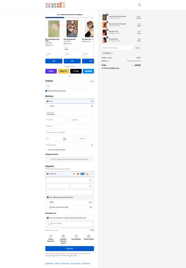 Shop Andi checkout page showing Shop Andi discount code box | Screenshot taken by SimplyCodes community member on Sep 4, 2025