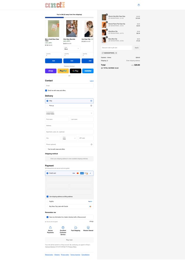 Shop Andi checkout page showing Shop Andi discount code box | Screenshot taken by SimplyCodes community member on Sep 4, 2025