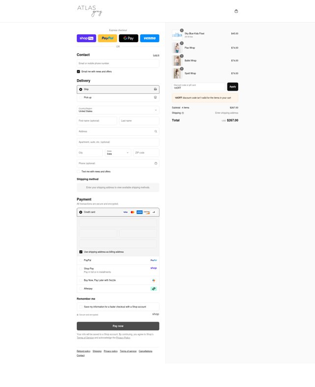 Atlas Grey checkout page showing Atlas Grey discount code box | Screenshot taken by SimplyCodes community member on Aug 26, 2025